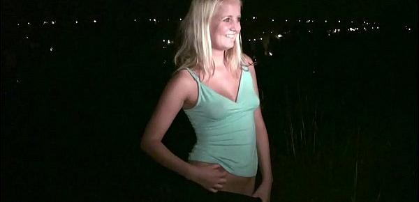  Young cute blonde teen girl is going to the dogging location for public sex orgy